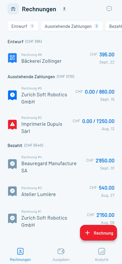 Rechnungsliste in Magic Heidi: offene und nach dem Bankabgleich bezahlte Rechnungen