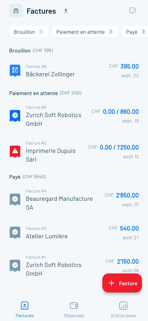 Vue d'ensemble des factures QR en brouillon, ouvertes et payées dans l'app Magic Heidi sur un téléphone