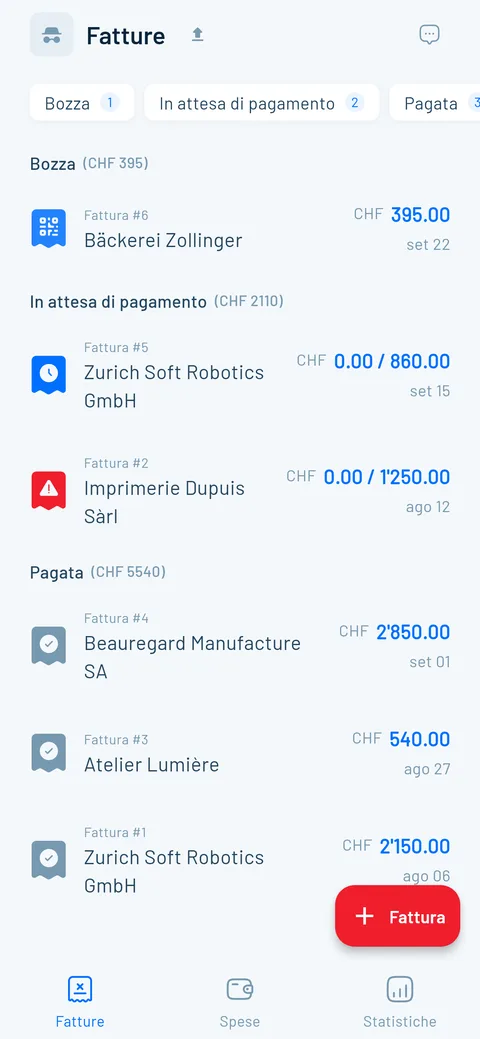 Panoramica delle fatture con bozze, fatture aperte e pagate nell'app Magic Heidi