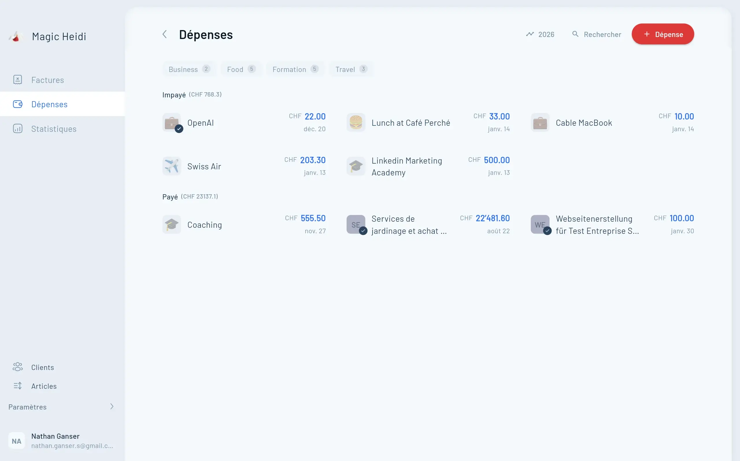 Gestion des dépenses Magic Heidi