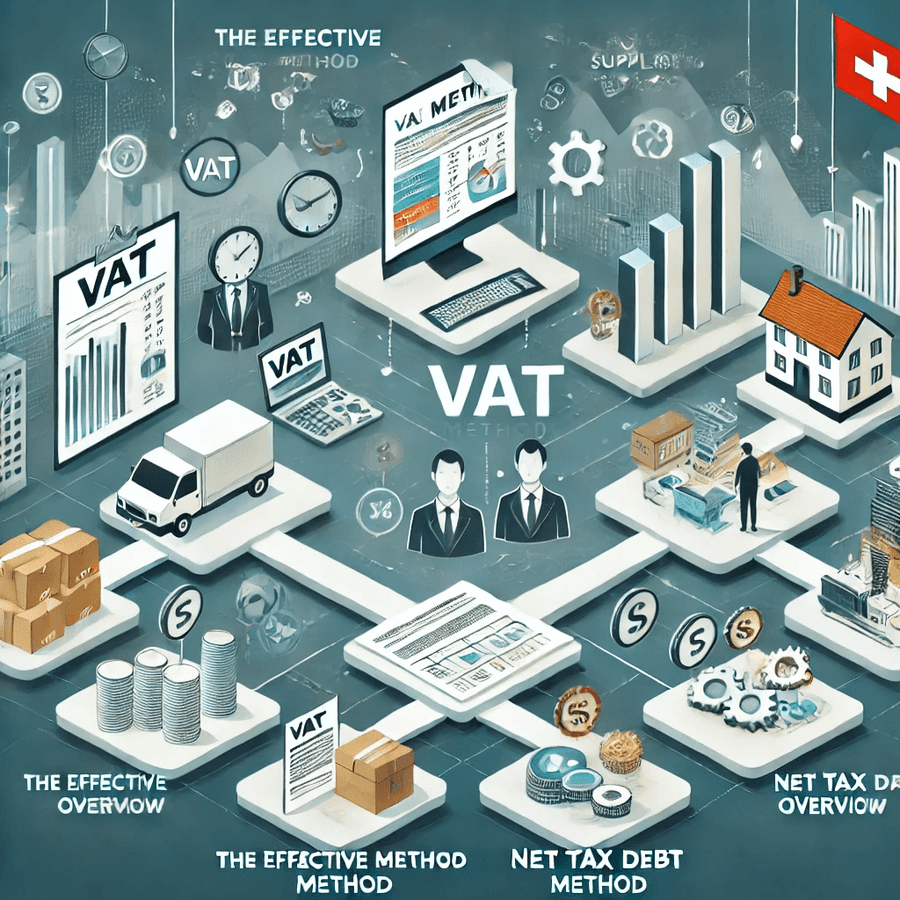 DALL·E 2024-07-08 18.35.57 - A business setting in Switzerland showcasing different VAT methods. Depict a flowchart with an office background illustrating the movement of VAT betw.png