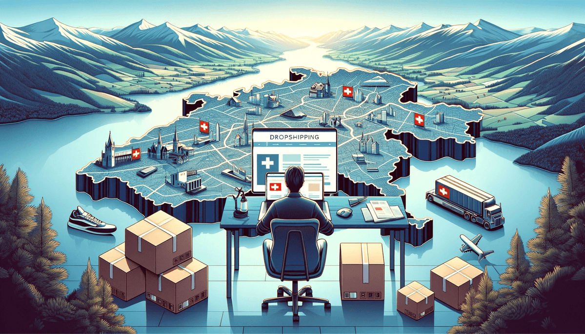 DALL·E 2024-04-15 13.01.16 - An illustration for an article titled 'Dropshipping in Switzerland_ A Comprehensive Guide for Swiss Freelancers'. The image features a detailed map of.png