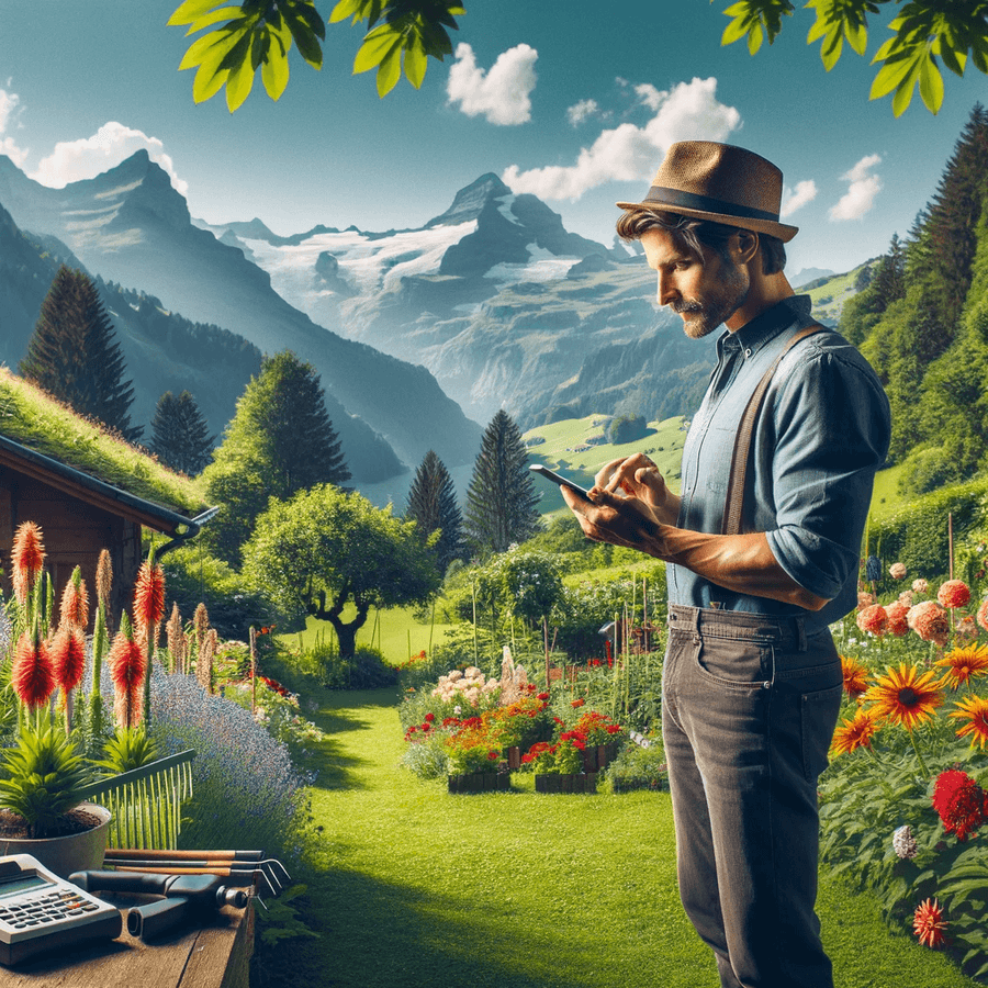 DALL·E 2024-01-28 10.42.17 - A landscape scene in Switzerland with a gardener standing in a lush garden, surrounded by vibrant flowers and greenery. The gardener is focused on his.png